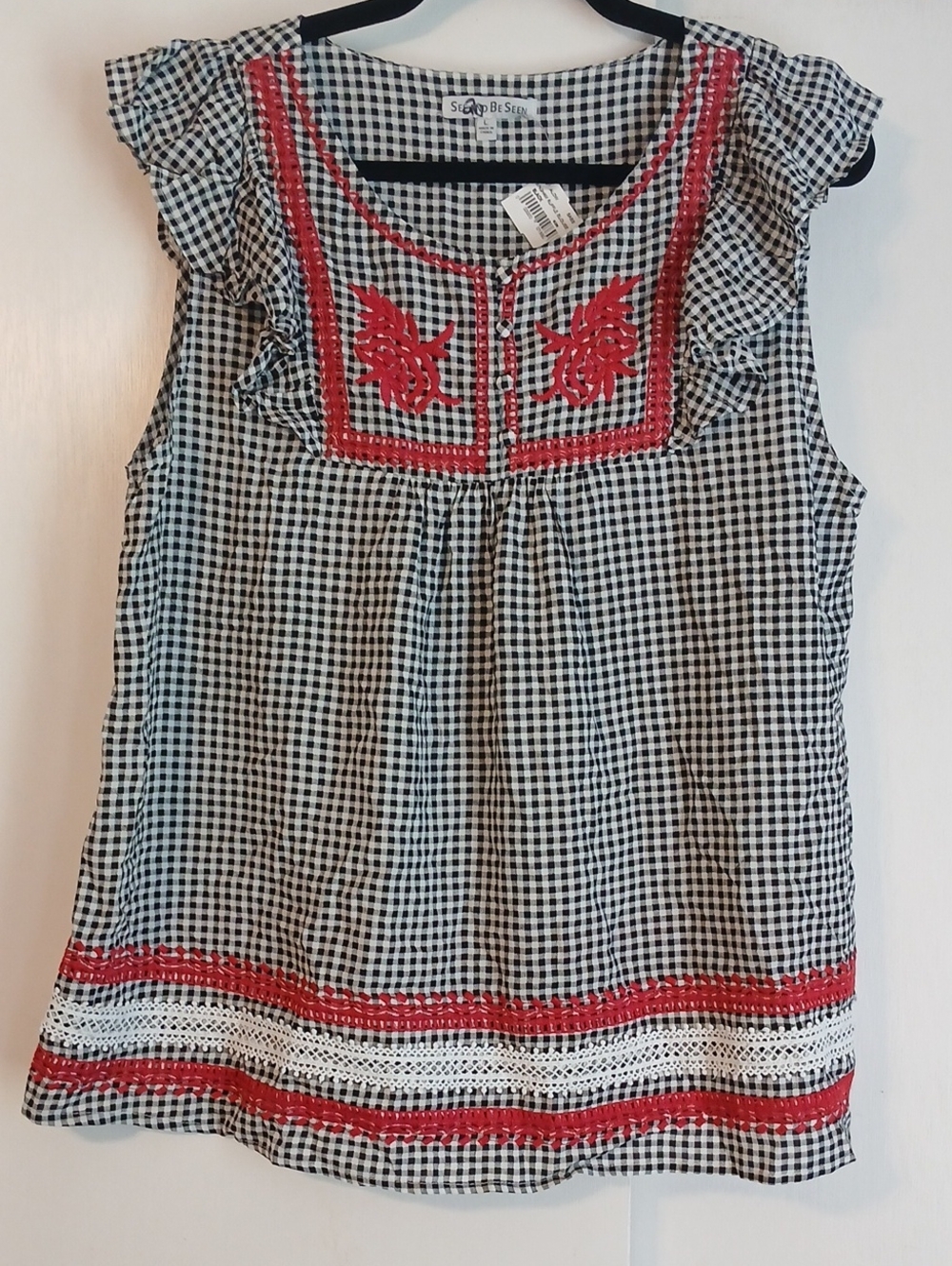See and Be Seen Black & White Gingham Blouse with Red Embroidered Script Size L